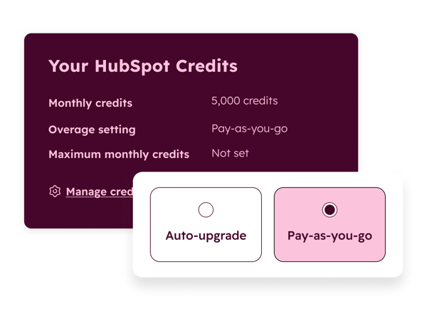 Présente les différentes options pour ajouter des crédits à votre compte HubSpot : packs de crédits ou Pay-as-You-Go.