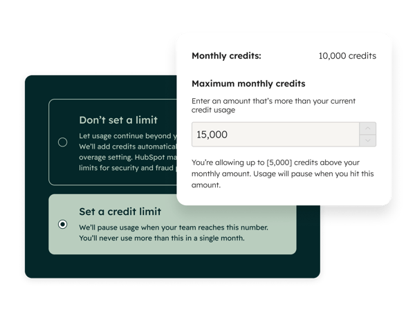 Illustre la configuration d'une limite mensuelle maximale de crédits dans HubSpot qui suspend automatiquement les actions IA dès qu'un seuil défini est atteint.