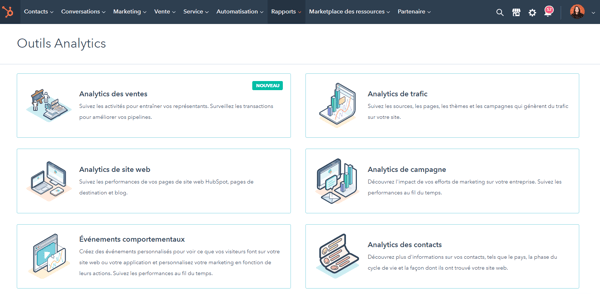 Différents outils d'analyse de HubSpot