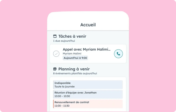 Tâches et réunions à venir dans l'application CRM mobile HubSpot