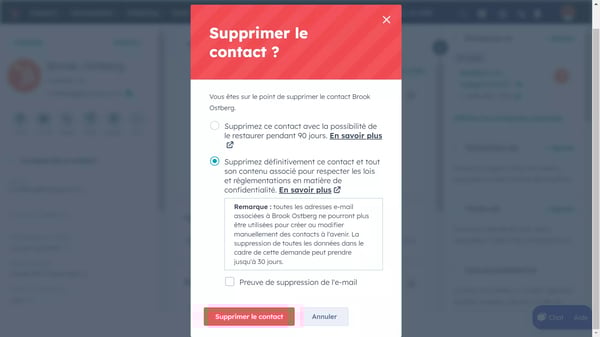 suppression d'un contact selon les règles de protection de vie privée dans HubSpot