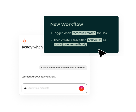 Interface de HubSpot montrant un utilisateur qui demande à Breeze Assistant de créer une automatisation au moment de la création d'une transaction, puis Breeze Assistant qui l'invite à préciser les paramètres du nouveau workflow, dont le nom de la tâche et la date d'échéance.