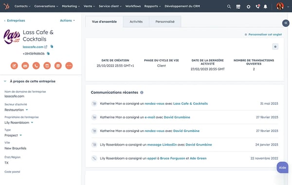 Notes sur une fiche de contact dans le logiciel de gestion de contacts de HubSpot