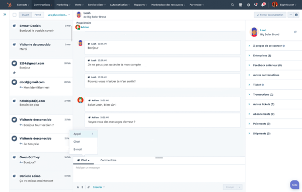 Vue d'une conversation avec le contexte client