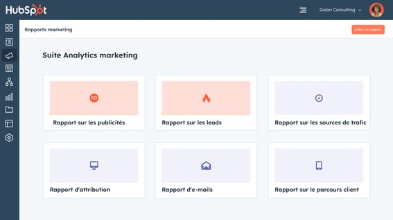 Interface utilisateur simplifiée de HubSpot montrant les analytics marketing