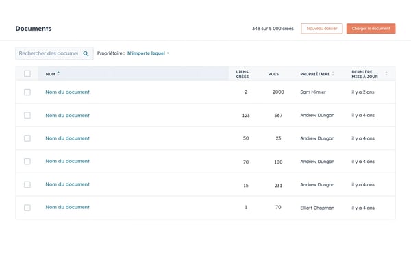 Différents dossiers de documents dans HubSpot