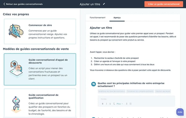 Options de création de sales playbook dans l'interface HubSpot des guides conversationnels