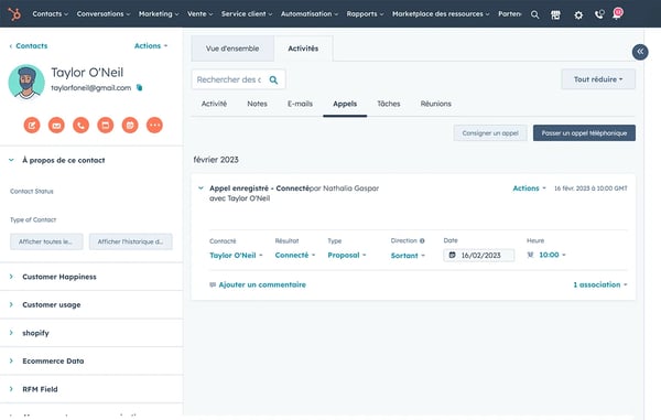 Historique des conversations clients dans HubSpot dont l'enregistrement d'appels