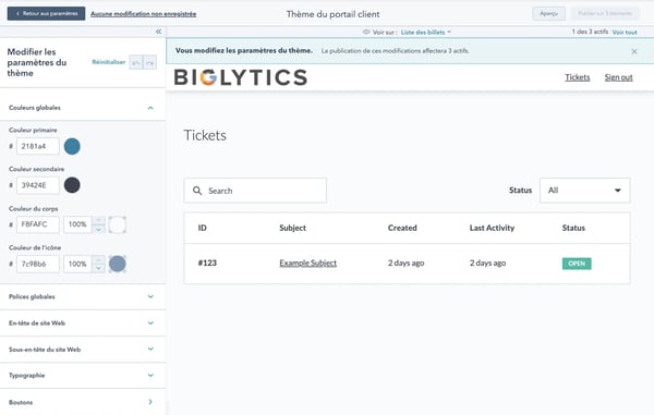 Vue de l'éditeur de thèmes du portail client