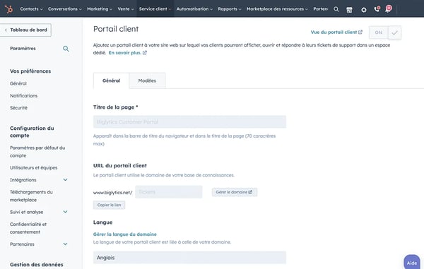 Vue des paramètres généraux du portail client