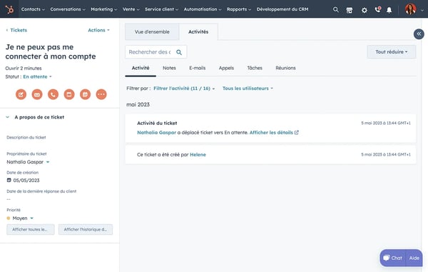 Vue d'un ticket dans l'application HubSpot