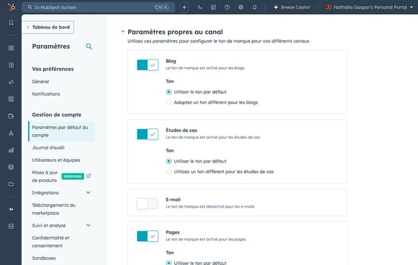 Interface utilisateur du logiciel de ton de marque de HubSpot montrant différents canaux de contenu