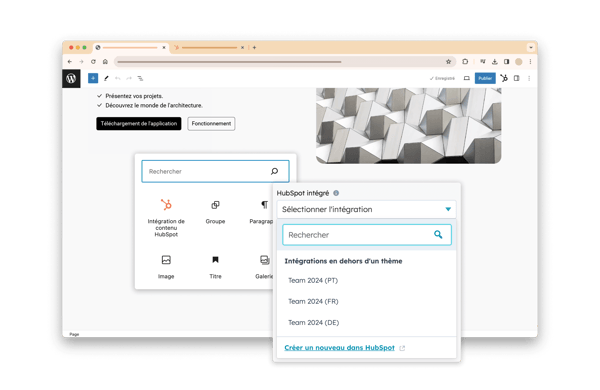 Fonctionnalité d'intégration de contenu qui permet de chercher du contenu intégrable
