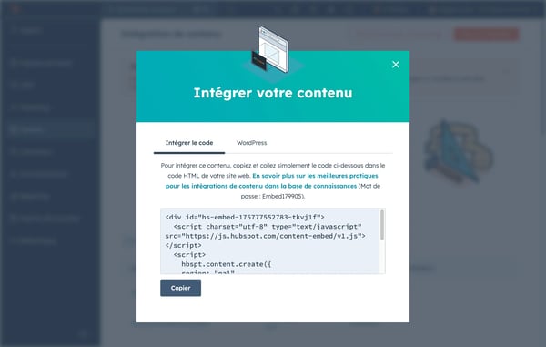 interface utilisateur pour l'intégration de contenu permettant de copier et de coller le code