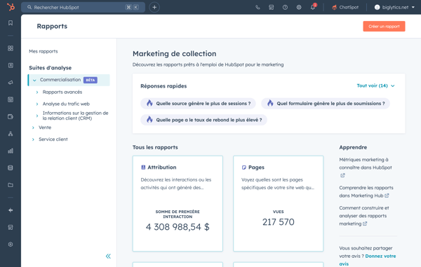 Vue d'ensemble des rapports avec réponses rapides proposées par l'IA