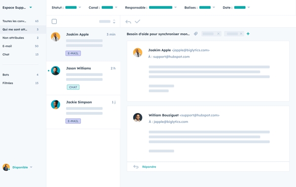 centre de support de HubSpot avec chat multicanal