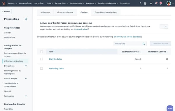 Emplacement dans HubSpot où organiser les utilisateurs en différentes équipes, par exemple marketing et commerciale
