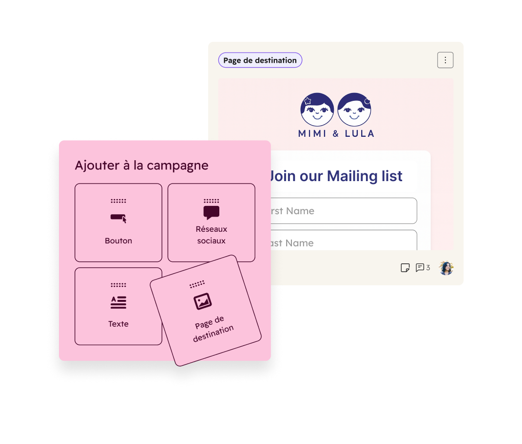 Illustration d'un utilisateur ajoutant une page de destination à une campagne HubSpot. Parmi les autres ressources pouvant être ajoutées à une campagne figurent les boutons CTA, les liens vers les réseaux sociaux, les articles de la base de connaissances, les pages web, le texte et d'autres types de contenu.