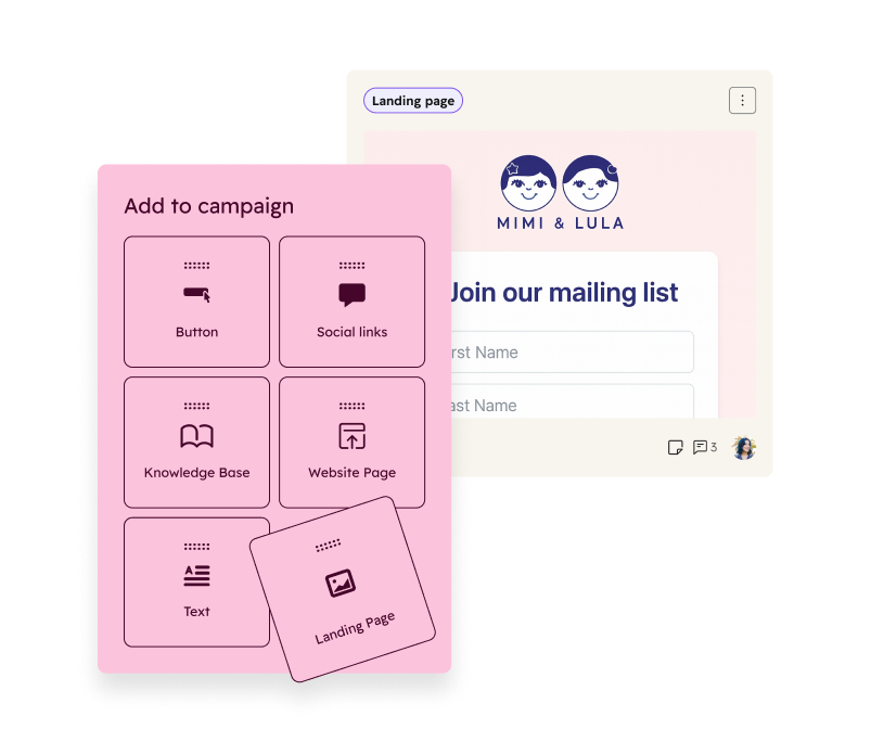 Illustration d'un utilisateur ajoutant une page de destination à une campagne HubSpot. Parmi les autres ressources pouvant être ajoutées à une campagne figurent les boutons CTA, les liens vers les réseaux sociaux, les articles de la base de connaissances, les pages web, le texte et d'autres types de contenu.