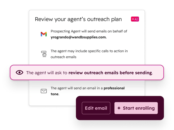 Illustre comment les utilisateurs HubSpot conservent la maîtrise de leurs agents en vérifiant la configuration et les actions de l'agent avant d'inscrire des contacts.