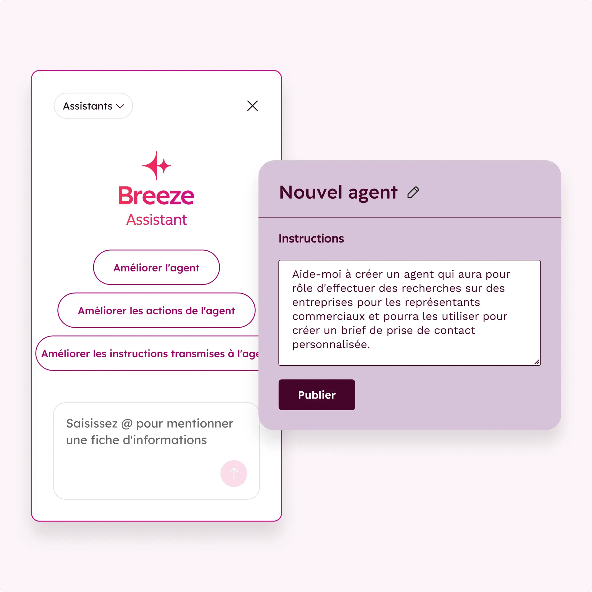 interface simplifiée présentant les agents personnalisés dans Breeze Assistant