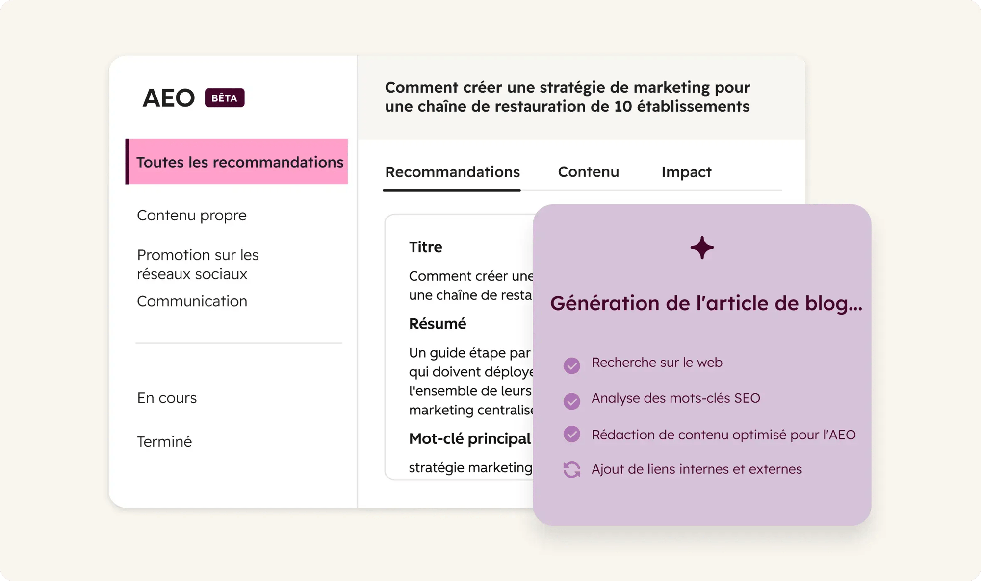Capture d'écran illustrant l'AEO de HubSpot et l'agent de contenu