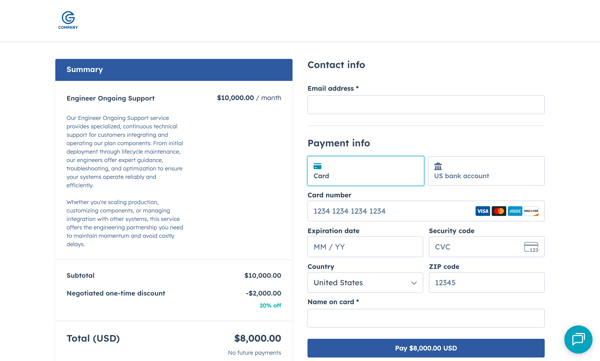 Page de paiement personnalisée illustrant l'application de l'identité visuelle d'une entreprise sur la page de paiement HubSpot