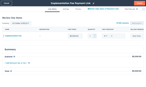 Écran du lien de paiement affichant les lignes de produit&nbsp;: nom des frais, description, prix unitaire, quantité, remise unitaire et fréquence de facturation
