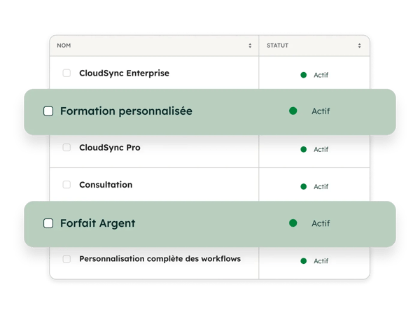 Liste de produits dans le logiciel CPQ