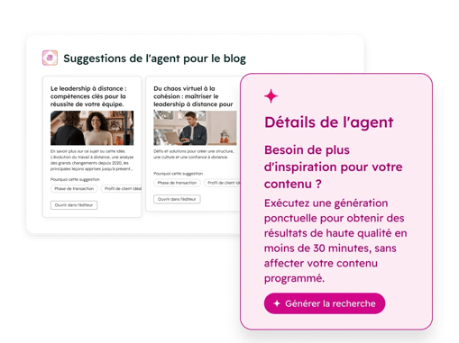 Elle montre également un utilisateur de HubSpot utilisant l'agent de recherche de contenu pour blog basé sur l'IA afin de suggérer de nouvelles idées d'articles.