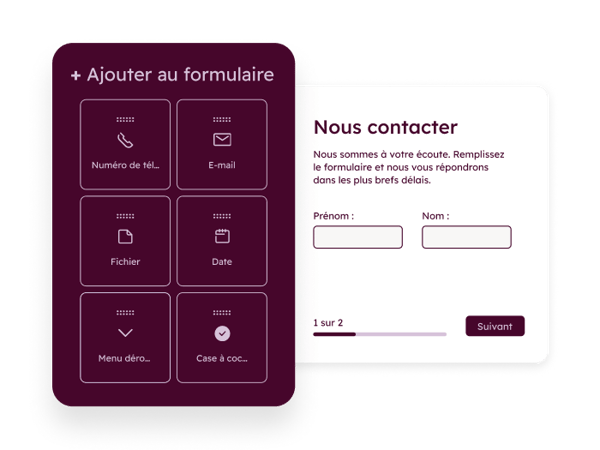 Interface de l'éditeur de l'outil HubSpot de création de formulaires montrant l'intégration avec la base de contacts
