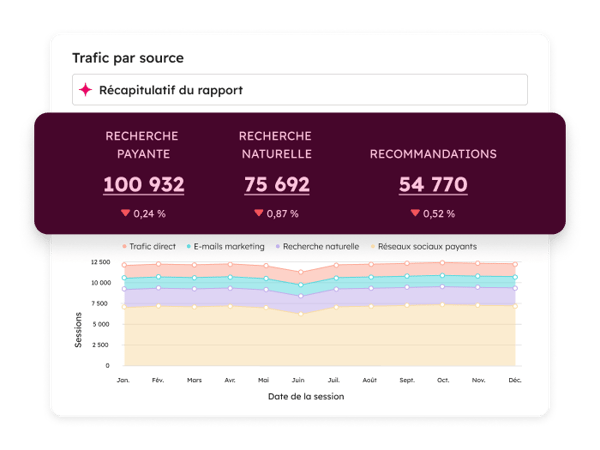 Tableau de bord de marketing analytics affichant différentes sources de trafic sur le site web
