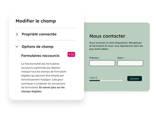 Interface utilisateur de HubSpot montrant un utilisateur créant un formulaire de contact pour son site web à l'aide de la fonctionnalité de raccourcissement de formulaire.
