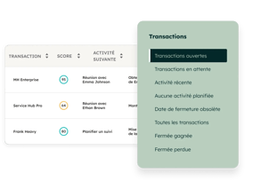 interface utilisateur du Sales Hub de HubSpot montrant l'espace de travail des transactions