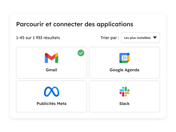 Exemples d'intégrations HubSpot : Gmail, Google Calendar, Meta Ads et Slack