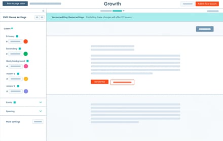 Interface du WYSIWYG editor montrant les paramètres des thèmes de site web