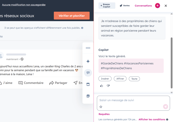 Utilisation de Breeze Copilot pour générer des hashtags