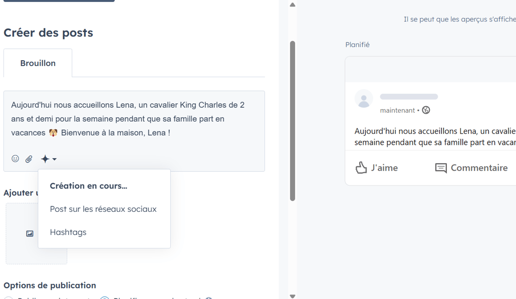 Exemple du hashtag generator pour un post Facebook dans HubSpot