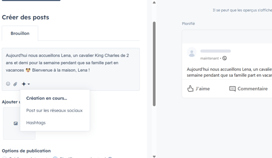 Exemple du hashtag generator pour un post Facebook dans HubSpot
