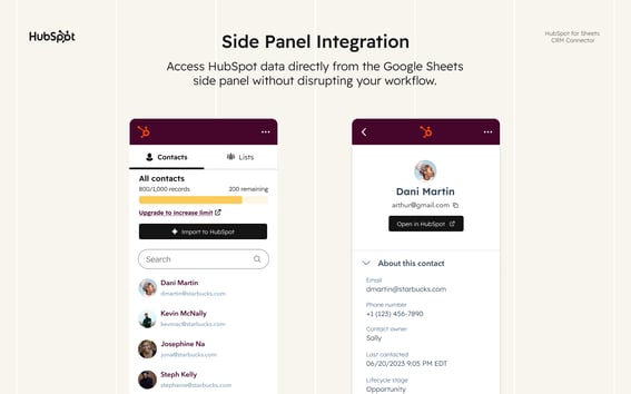 Panneau latéral données HubSpot pour Google Sheets