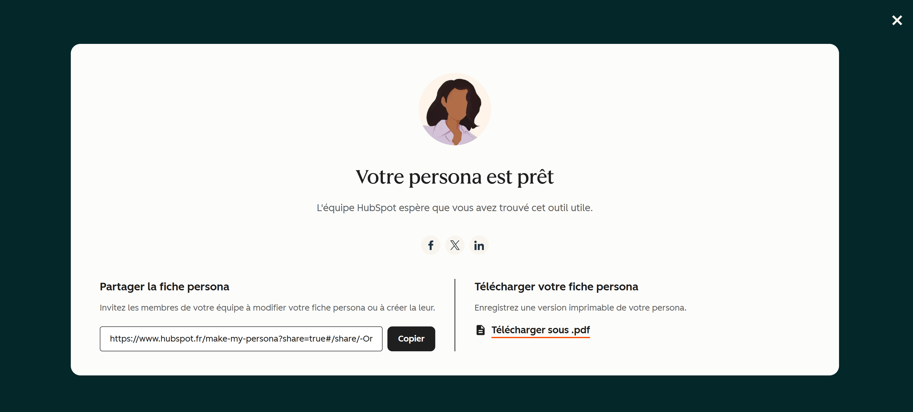 pop-up fiche persona IA complétée