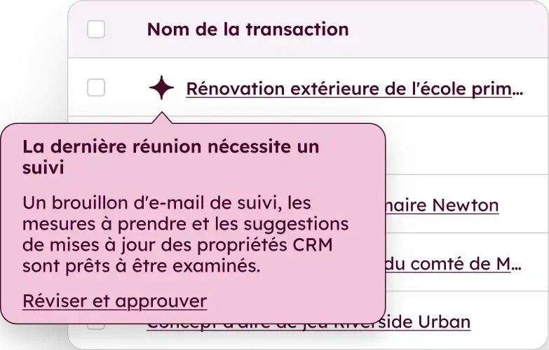 Les suggestions s'appuient sur les transcriptions, les e-mails, les notes et l'historique complet des transactions.