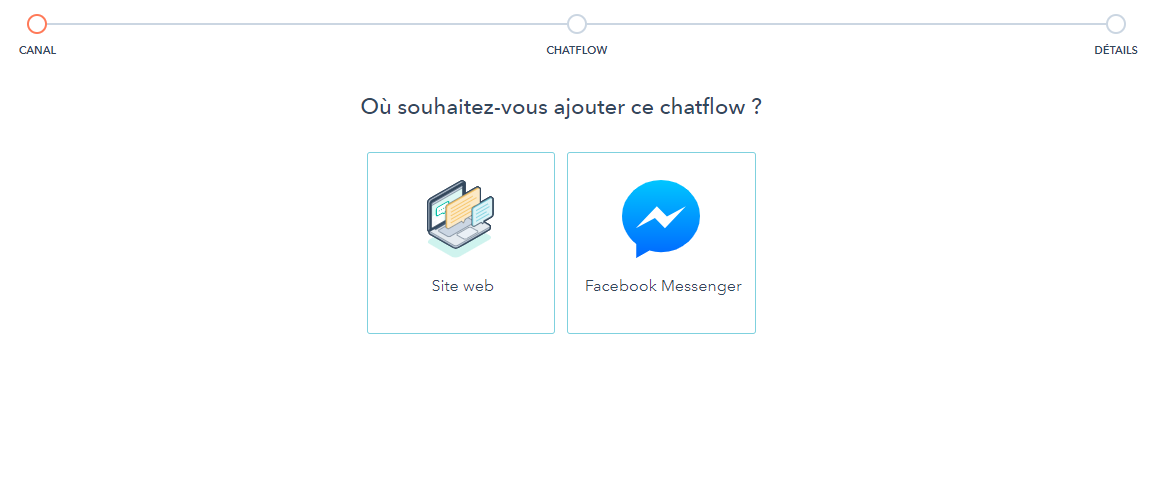 choix du canal sur lequel créer un chatbot en ligne avec HubSpot : site web ou facebook messenger